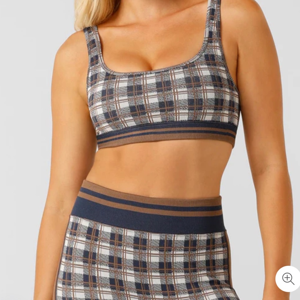 LORNA JANE Gingham Check Sports Bra & Biker Shorts Set Medium Brown Tan Navy